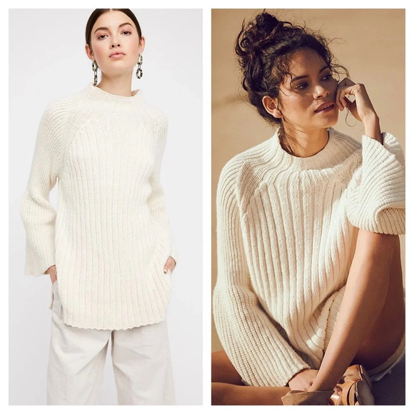 Free People Begin Again Mock Neck Cream Knit Jumper Sweater Small - Picture 1 of 14
